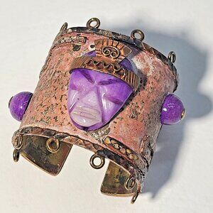 Annette Nancarrow Vintage Mexican Oxidized Copper Cuff Bracelet Purple Mask Face